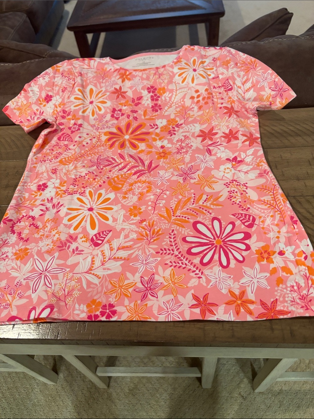 Talbots Pink Floral Tee with Orange Accents